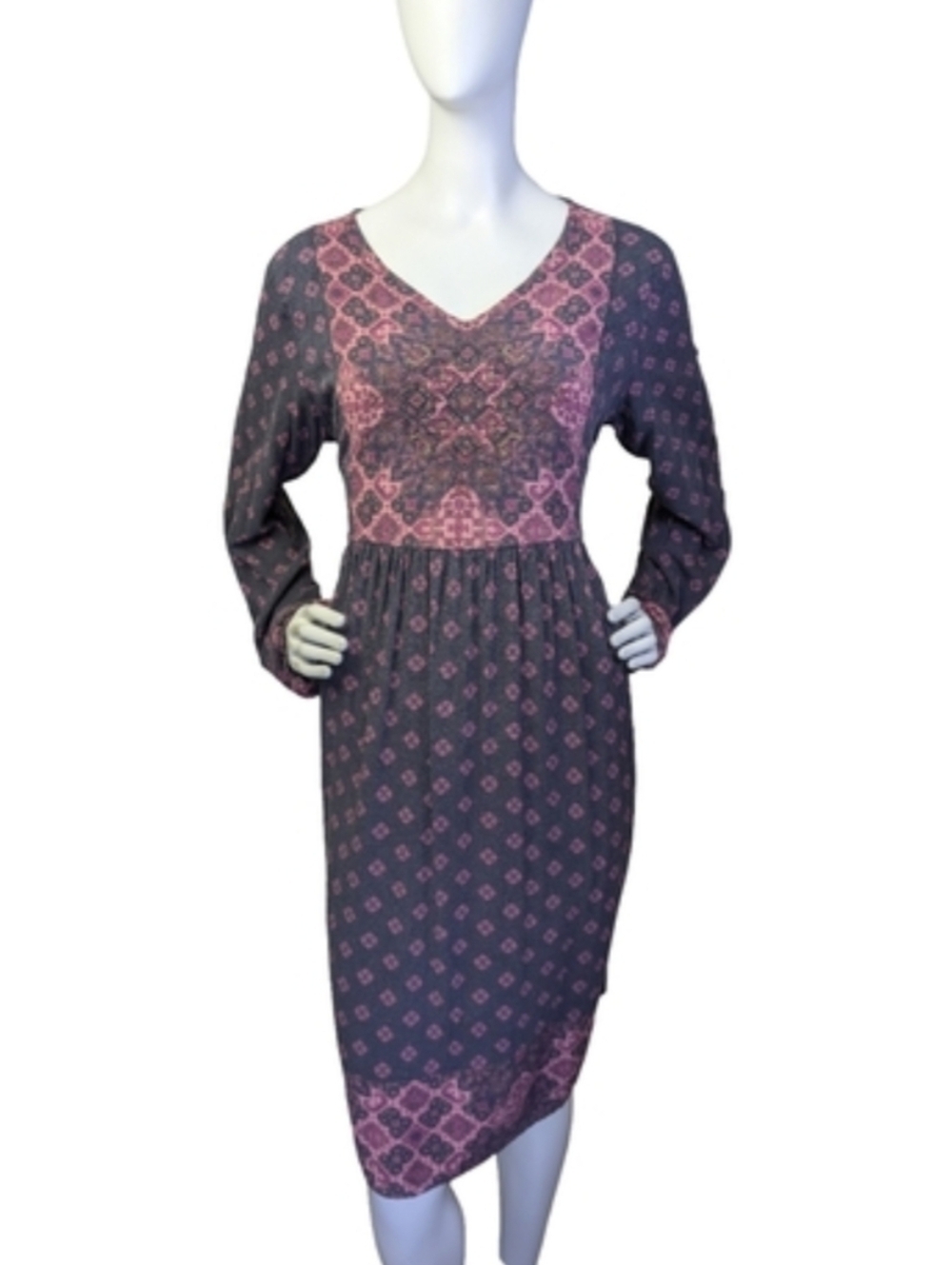 Coldwater Creek Boho Festival Midi Dress Pink Grey Long Sleeve Embroidered Large